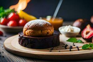food on a wooden table with a dessert. AI-Generated photo
