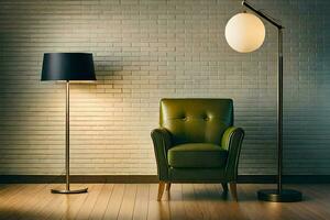 a green chair and lamp in a room. AI-Generated photo