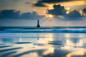 un faro es reflejado en el agua a puesta de sol. generado por ai foto