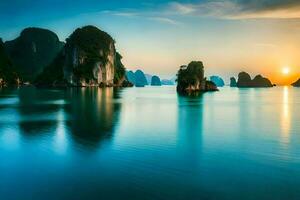 the sun sets over the water in halong bay, vietnam. AI-Generated photo