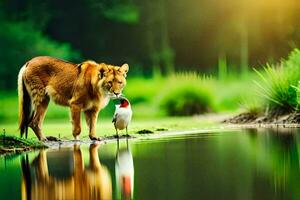 león y pájaro por persona. generado por ai foto