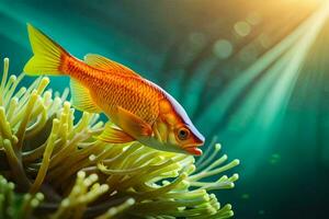 an orange fish swimming in an underwater sea. AI-Generated photo