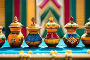 colorful vases are lined up on a table. AI-Generated photo