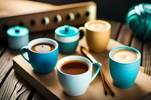 a variety of coffee cups on a wooden table. AI-Generated photo