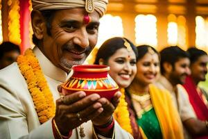 indio Boda ceremonia en Delhi. generado por ai foto