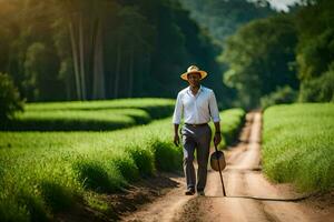 a man in a hat and white shirt walking down a dirt road. AI-Generated photo