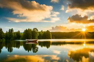 un barco es flotante en un lago a puesta de sol. generado por ai foto