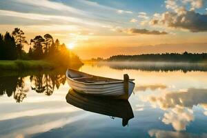 un barco es flotante en el calma agua a puesta de sol. generado por ai foto