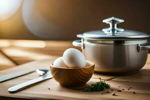 eggs in a bowl and a pot on a table. AI-Generated photo