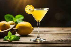 a cocktail with lemon and mint on a wooden table. AI-Generated photo