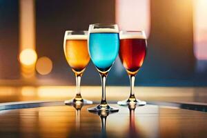 three glasses of colored drinks on a table. AI-Generated photo