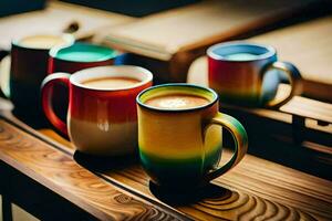 un fila de vistoso café tazas en un de madera mesa. generado por ai foto