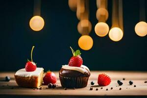 two cupcakes with strawberries and cream on a wooden table. AI-Generated photo
