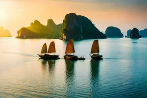 Tres barcos en el agua con montañas en el antecedentes. generado por ai foto