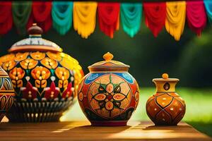 colorful pottery on a table with a colorful banner. AI-Generated photo