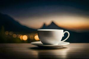 a cup of coffee on a table in front of a mountain. AI-Generated photo