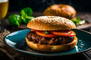 a hamburger with tomatoes and cheese on a blue plate. AI-Generated photo