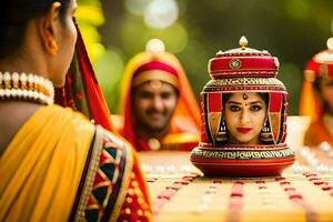 a woman in traditional indian dress is looking at a pot. AI-Generated photo