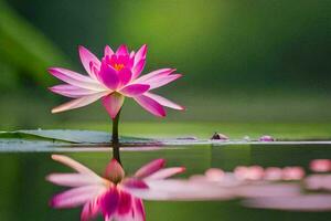 a pink lotus flower is reflected in the water. AI-Generated photo