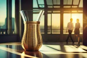 a golden vase sitting on a table in front of a window. AI-Generated photo