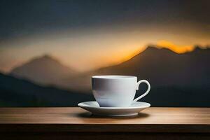 un taza de café en un mesa en frente de un montaña. generado por ai foto