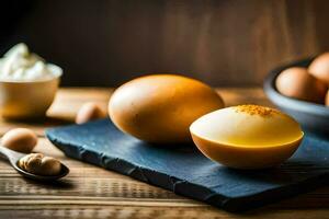 eggs on a cutting board. AI-Generated photo