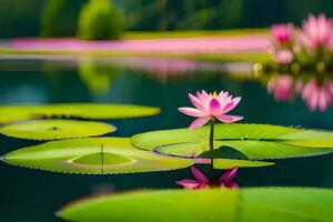 rosado loto flor en el agua con verde hojas. generado por ai foto