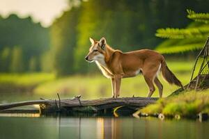 a red fox standing on a log by the water. AI-Generated photo