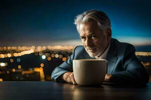 un más viejo hombre en un traje es sentado a un mesa con un café taza. generado por ai foto