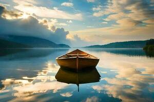 a boat on a lake with clouds reflecting in the water. AI-Generated photo