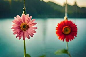 two flowers hanging from a hook in front of a lake. AI-Generated photo