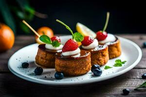 small cakes with berries and cream on a white plate. AI-Generated photo