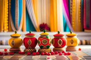 colorful vases with colorful decorations on a table. AI-Generated photo