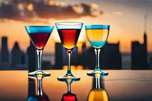 three glasses of wine on a table with a city skyline in the background. AI-Generated photo