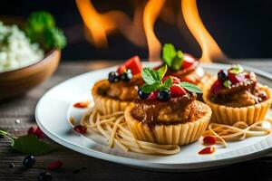 three mini meatballs on a plate with spaghetti. AI-Generated photo