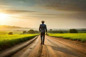 a man in a suit and hat walks down a dirt road. AI-Generated photo