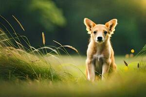 a puppy is standing in the grass in front of a green background. AI-Generated photo