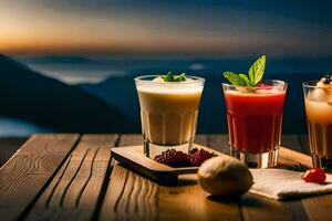 three different drinks sit on a table with a mountain in the background. AI-Generated photo