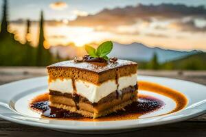 a dessert on a plate with a sunset in the background. AI-Generated photo