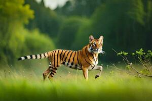 un Tigre caminando mediante un campo. generado por ai foto