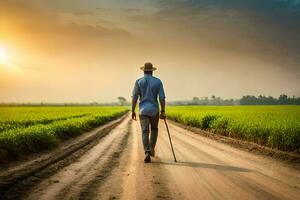 un hombre caminando abajo un suciedad la carretera en un campo. generado por ai foto