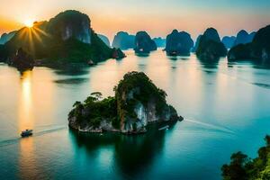 the sun sets over the water in halong bay, vietnam. AI-Generated photo