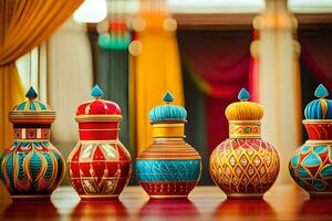 five colorful vases on a table with curtains. AI-Generated photo