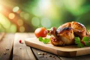 grilled chicken on a wooden cutting board with tomatoes and herbs. AI-Generated photo