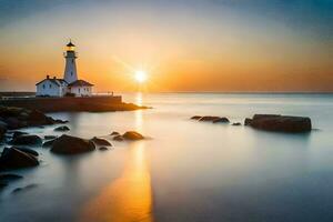 a lighthouse sits on the shore of a body of water at sunset. AI-Generated photo