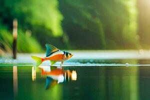 a fish is standing on the water with a reflection. AI-Generated photo