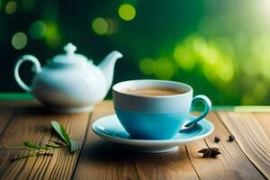 a cup of tea on a wooden table. AI-Generated photo