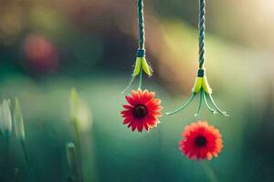 two red flowers hanging from a string. AI-Generated photo