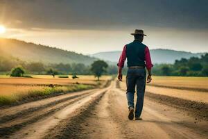 un hombre en un vaquero sombrero camina abajo un suciedad la carretera. generado por ai foto