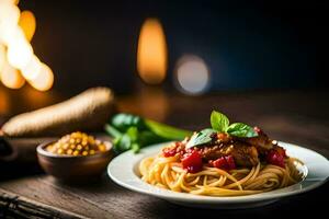 espaguetis con carne y tomate salsa en un lámina. generado por ai foto